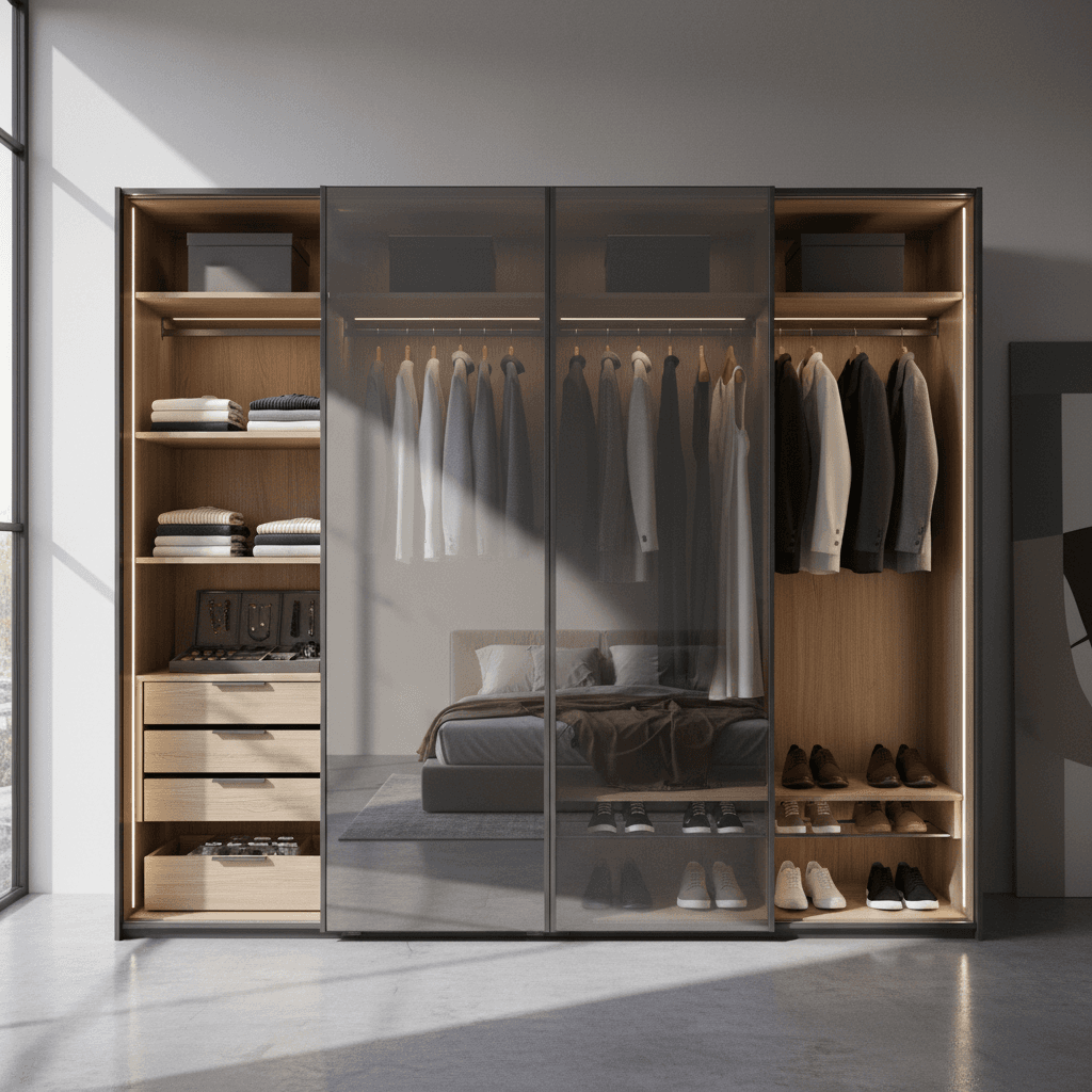 Premium built-in wardrobe with sliding doors and organised interior storage system