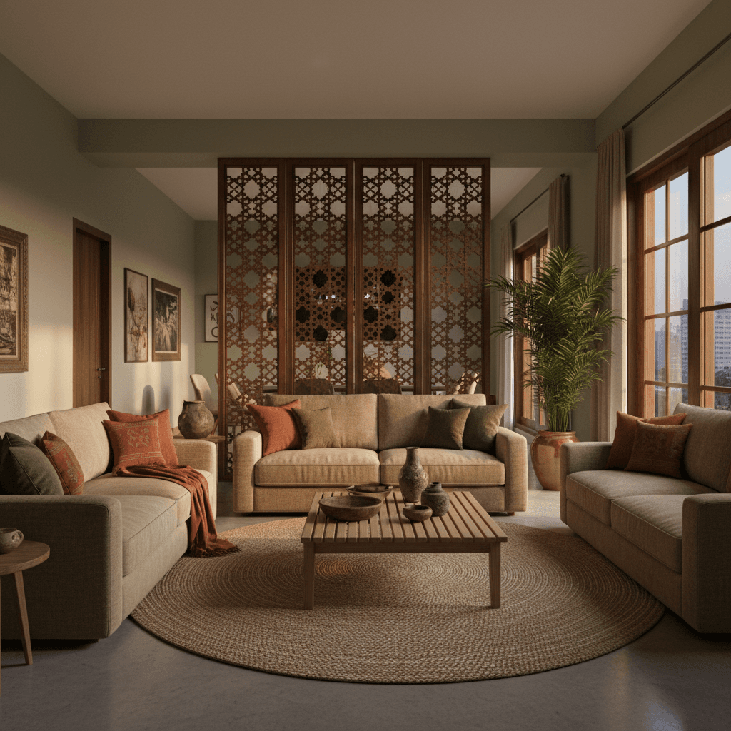 Contemporary living room with feature wall, premium sofa, and modern Indian interior design