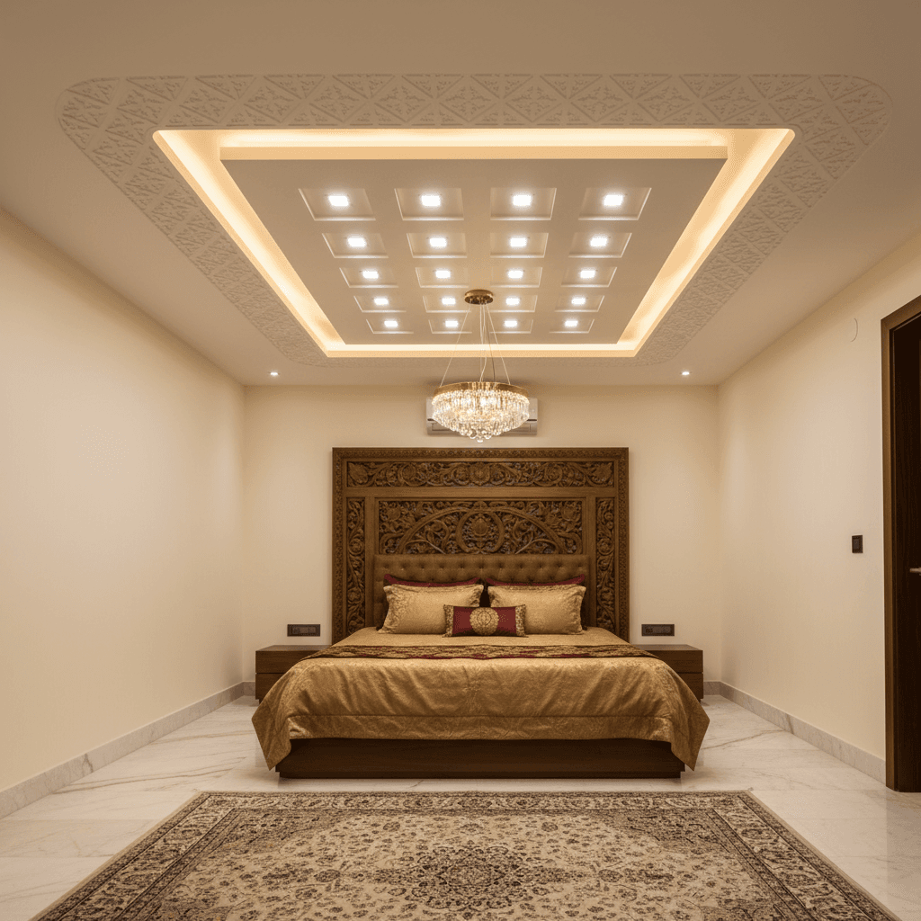 Modern false ceiling with cove lighting and architectural details in premium Indian home