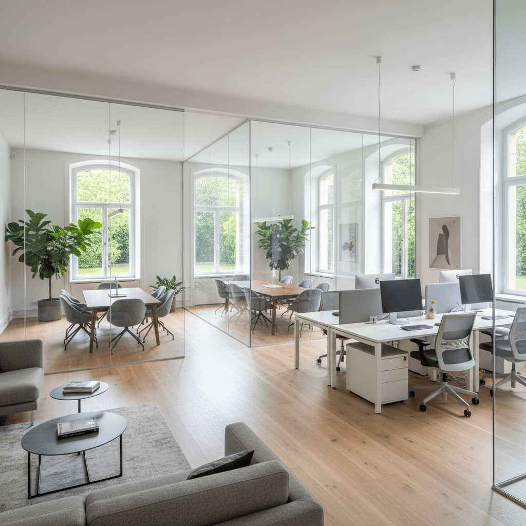 Modern office interior with clean workstations, glass partitions, and professional corporate design