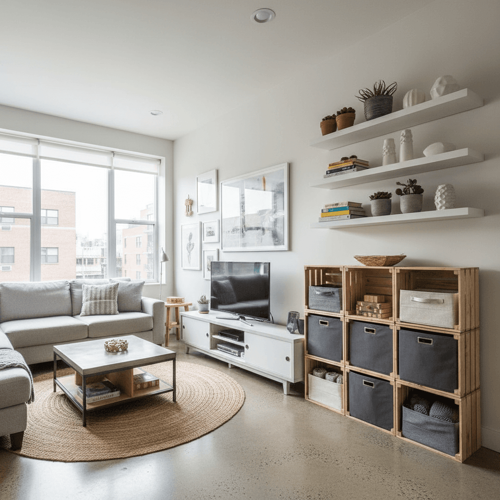 Modern TV unit with floating shelves and integrated storage in contemporary living room